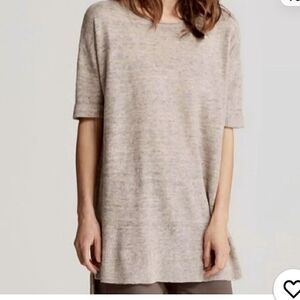 Eileen Fisher Bateau Neck 100% Linen Sweater Short Sleeve Tunic Top Oatmeal XL
